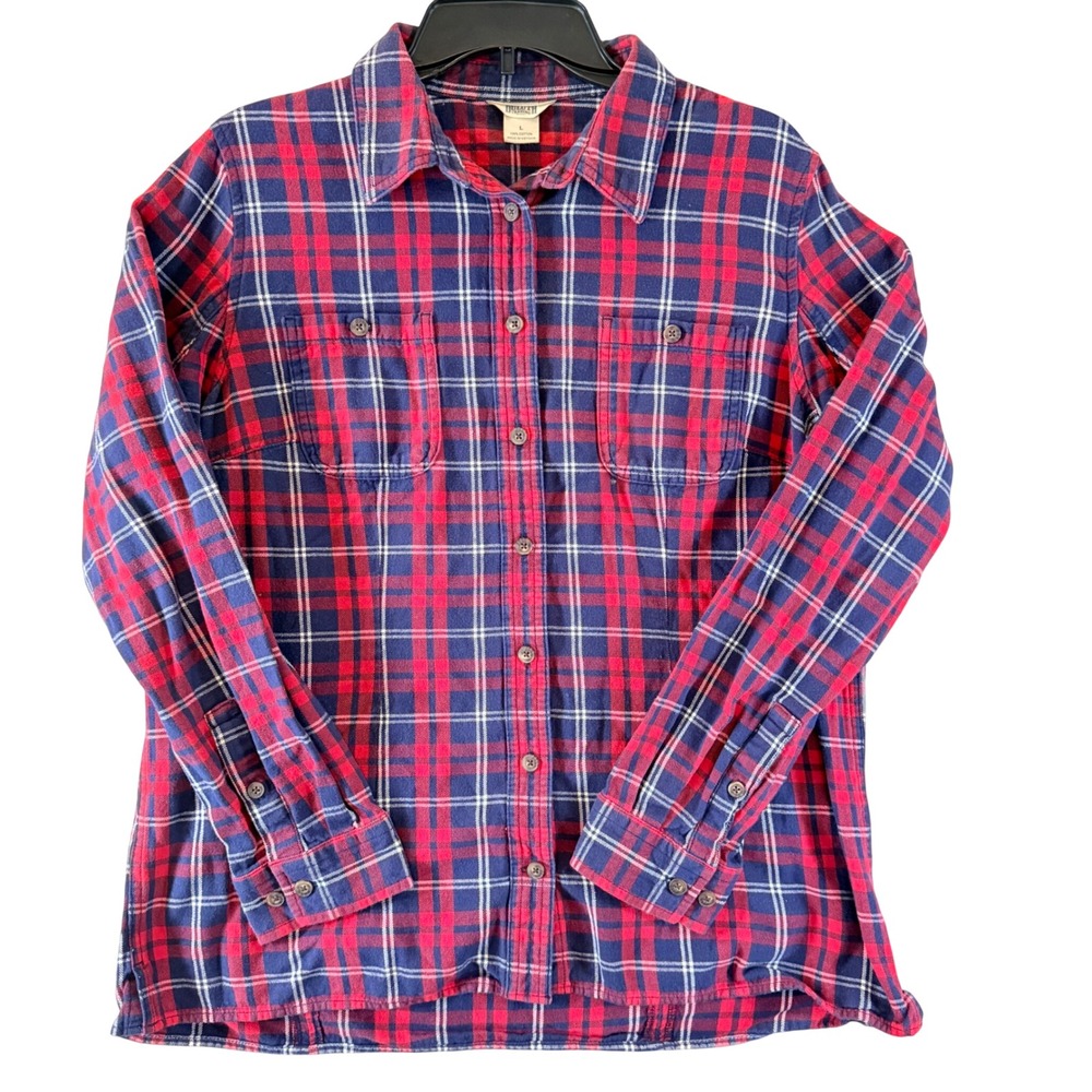 Duluth Trading Co Plaid Flannel Shirt‎ Large Red Blue Cotton Button Down